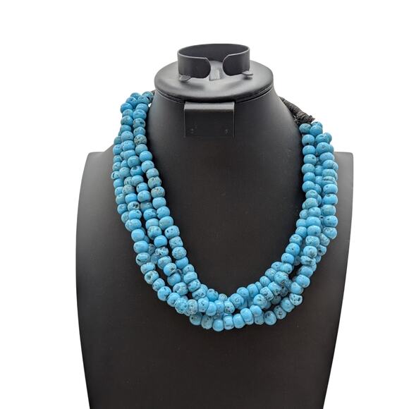 Vintage Four Strand Turquoise Glass African Trade Bead 22" Necklace - Picture 10 of 10